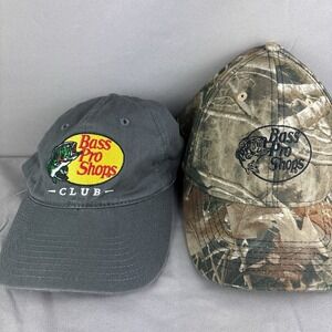 Lot of 2 Bass Pro Shop Hats, Club Logo Gray & Classic Logo Camo Strapback
